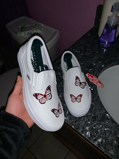 Red Holographic Butterfly Slip-Ons Vans